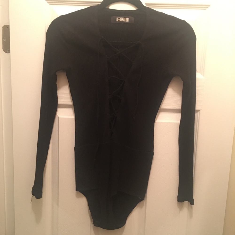 Reformation Black Lace-Up Bodysuit